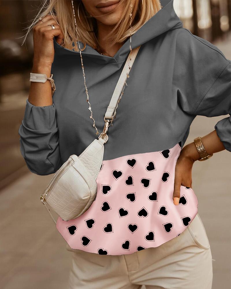 

Heart Print Colorblock Long Sleeve Hooded Sweatshirt, Multicolor