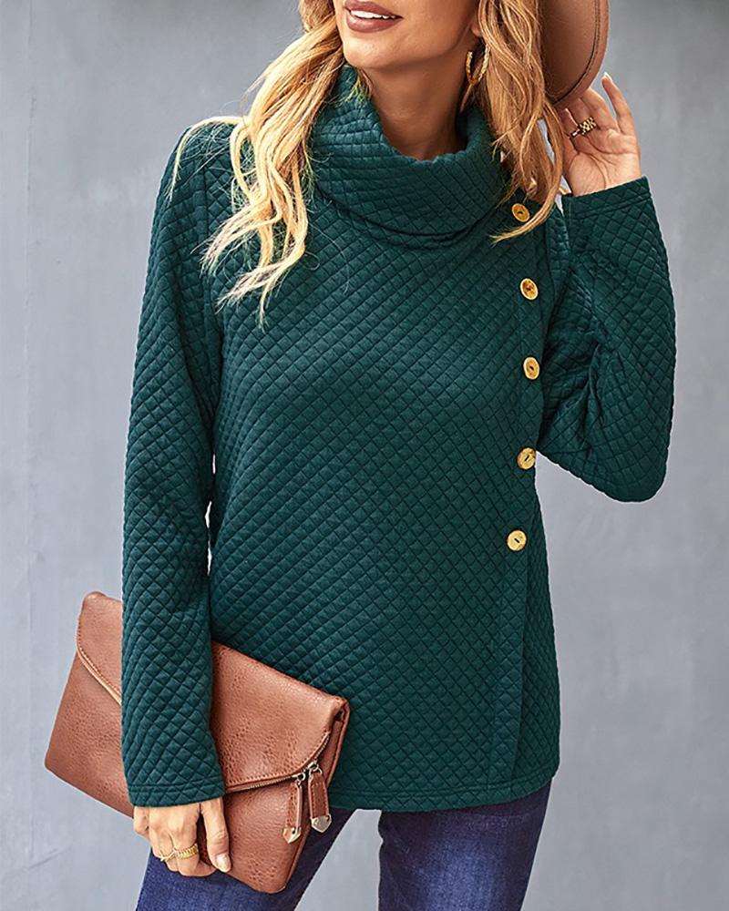 

Button Decor High Neck Long Sleeve Sweater, Green