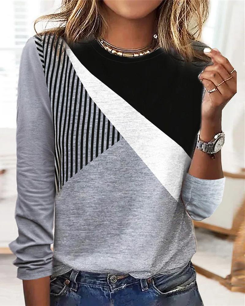 

Colorblock Long Sleeve Casual Top, Gray
