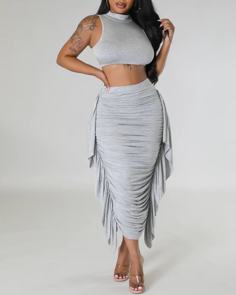 

Mock Neck Tank Top & Ruffle Hem Skirt Set, Gray