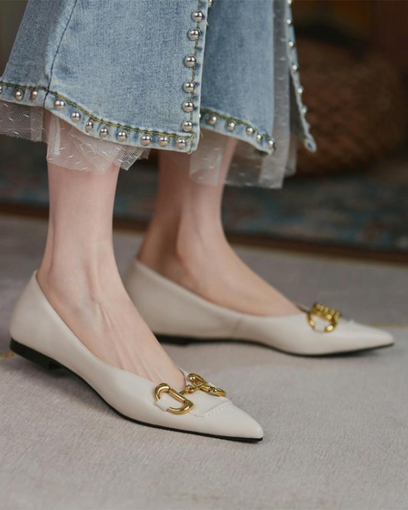 

Pointed Toe Metal Buckled Slip On Flats, Beige