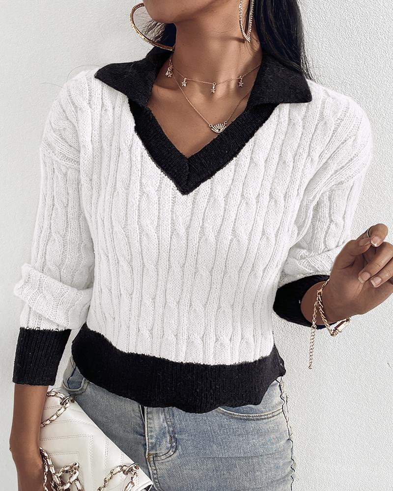 

Colorblock Turn Down Collar Knit Sweater, White