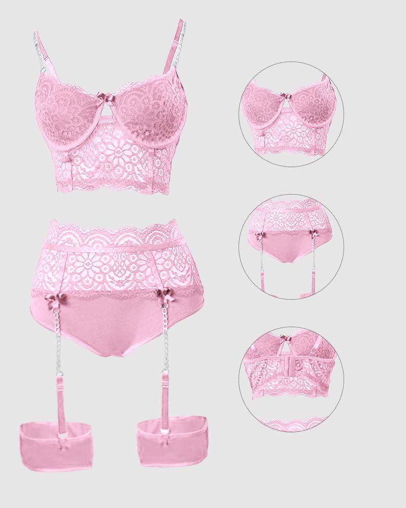 

Bow Chain Decor Lace Garter Lingerie Set, Pink