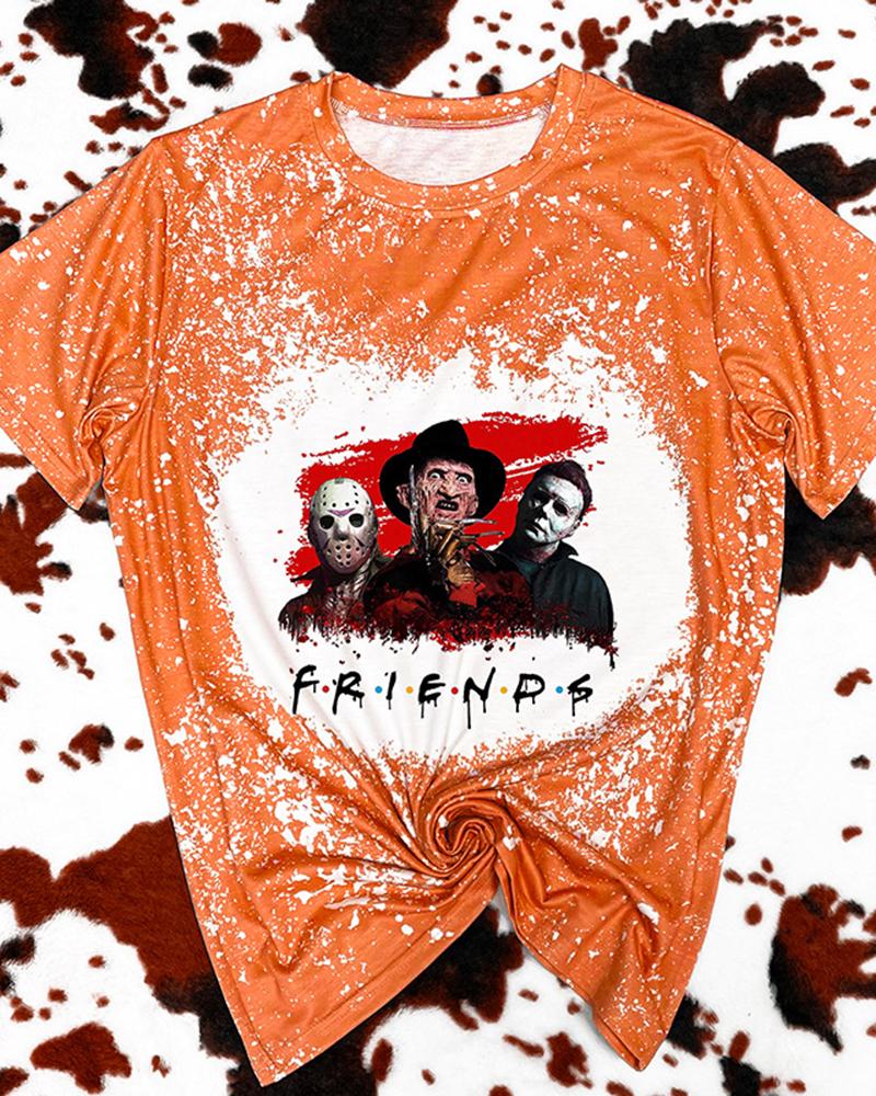 

Halloween Spooky Cartoon Figure Friends Print Bleached T-Shirt, Orange