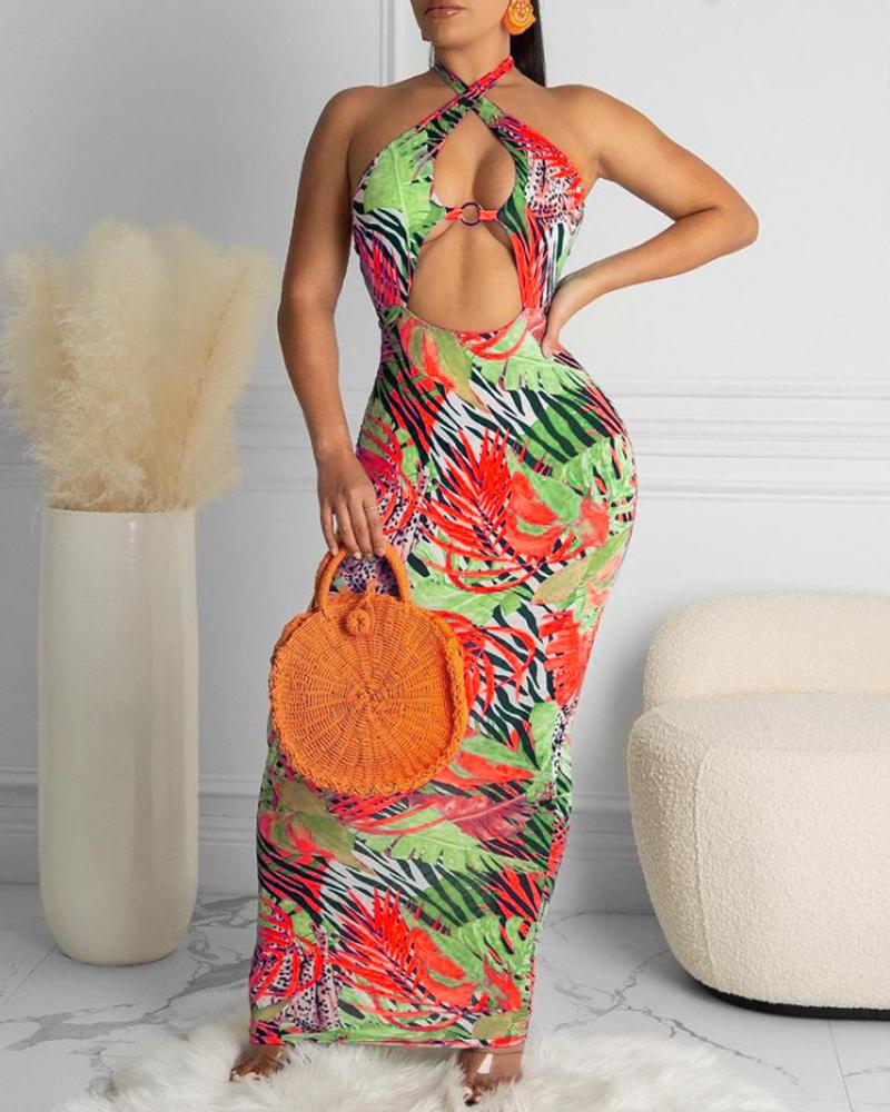 

Tropical Zebra Stripe Print Halter O-Ring Cutout Maxi Dress, Red