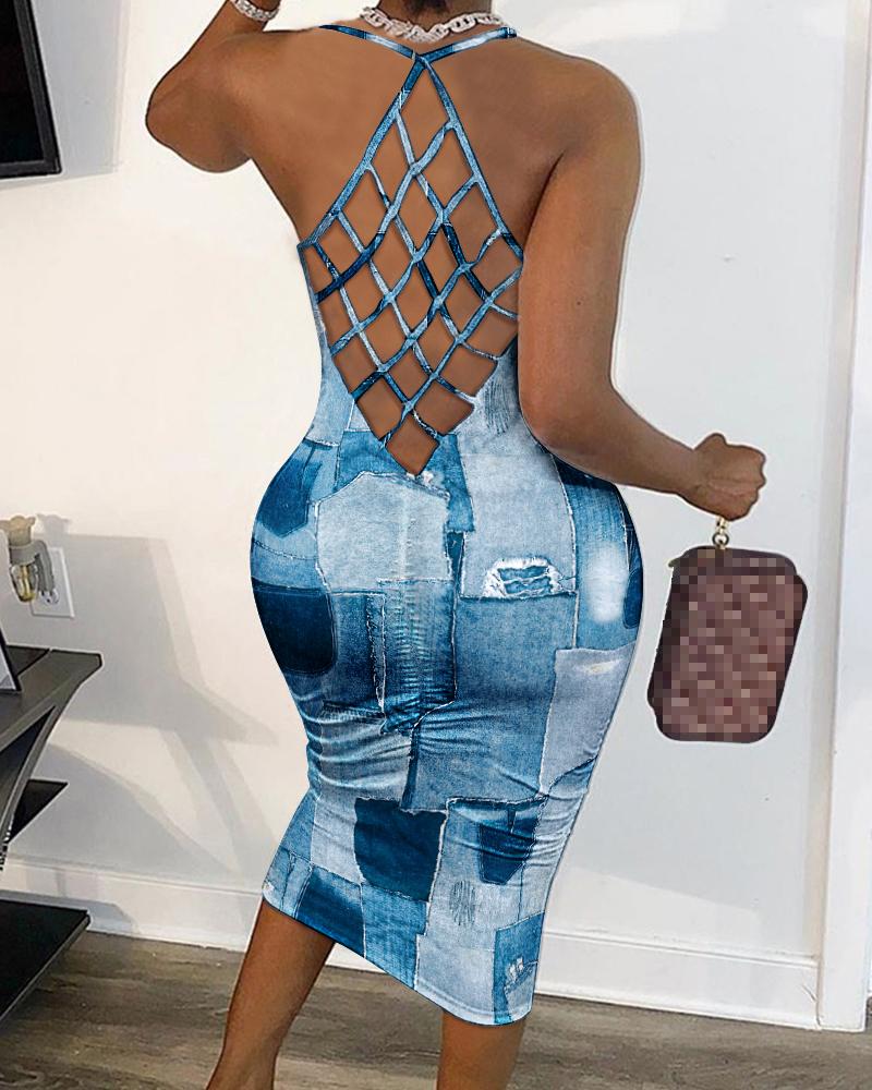 

Denim Look Print Fishnet Backless Bodycon Dress, Blue