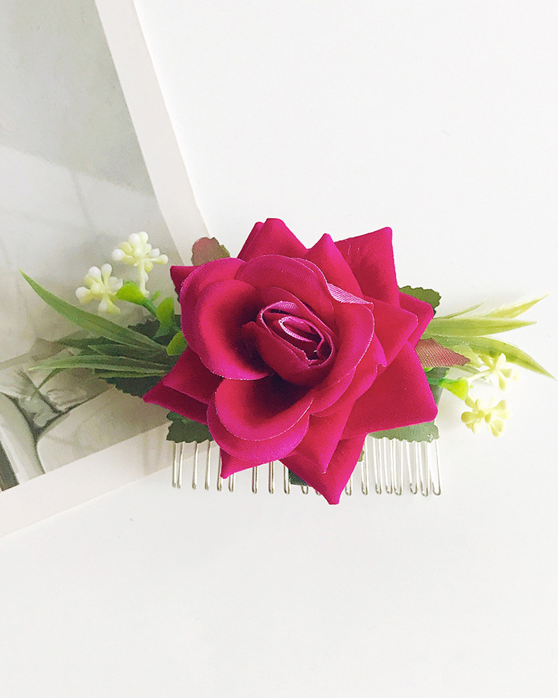 

1pcs Velvet Floral Pattern Bride Wedding Hair Comb Clip, Hot pink