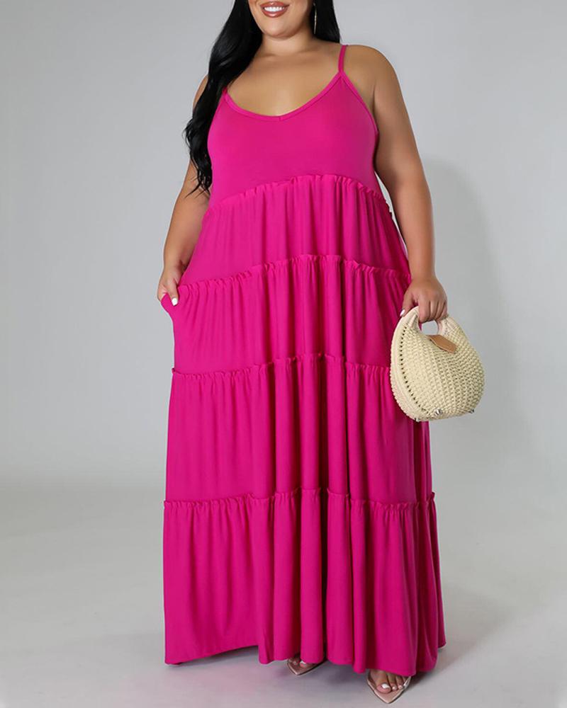 

Plus Size Frill Hem Spaghetti Strap Maxi Dress, Hot pink