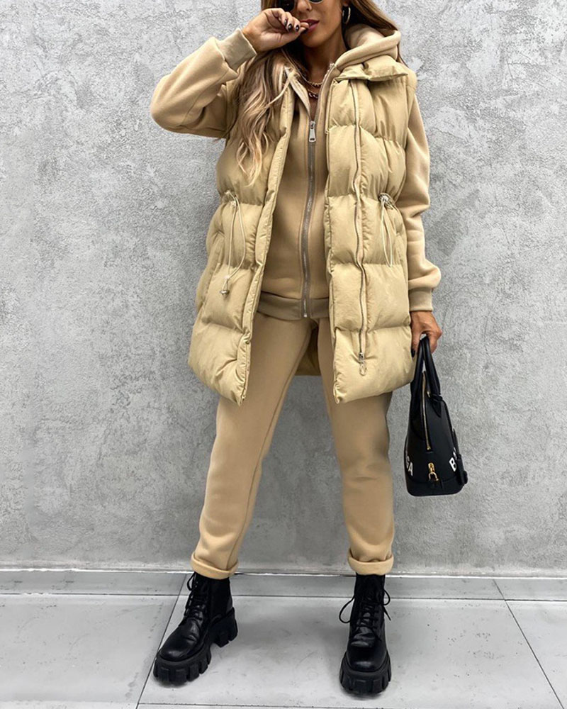 

Drawstring Waist Zip Up Gilet Puffer Jacket, Khaki