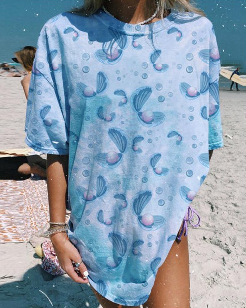 

Pearl Shell Print Short Sleeve T-shirt, Blue