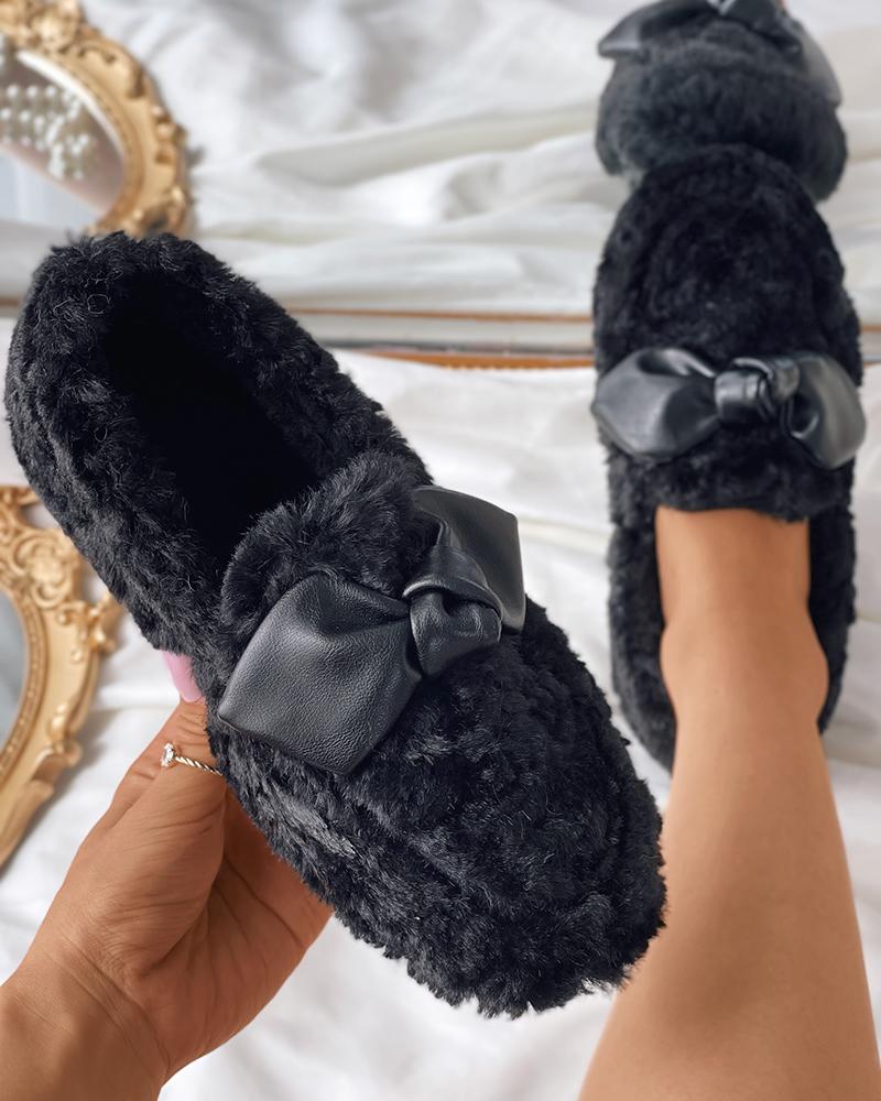 

PU Bowknot Decor Fluffy Slip On Shoes, Black