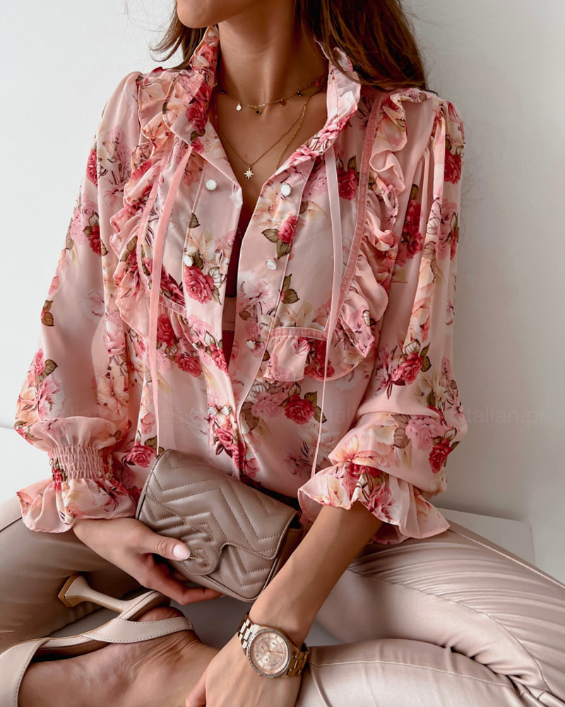 

Floral Print Ruffle Hem Button Down Shirt, Pink