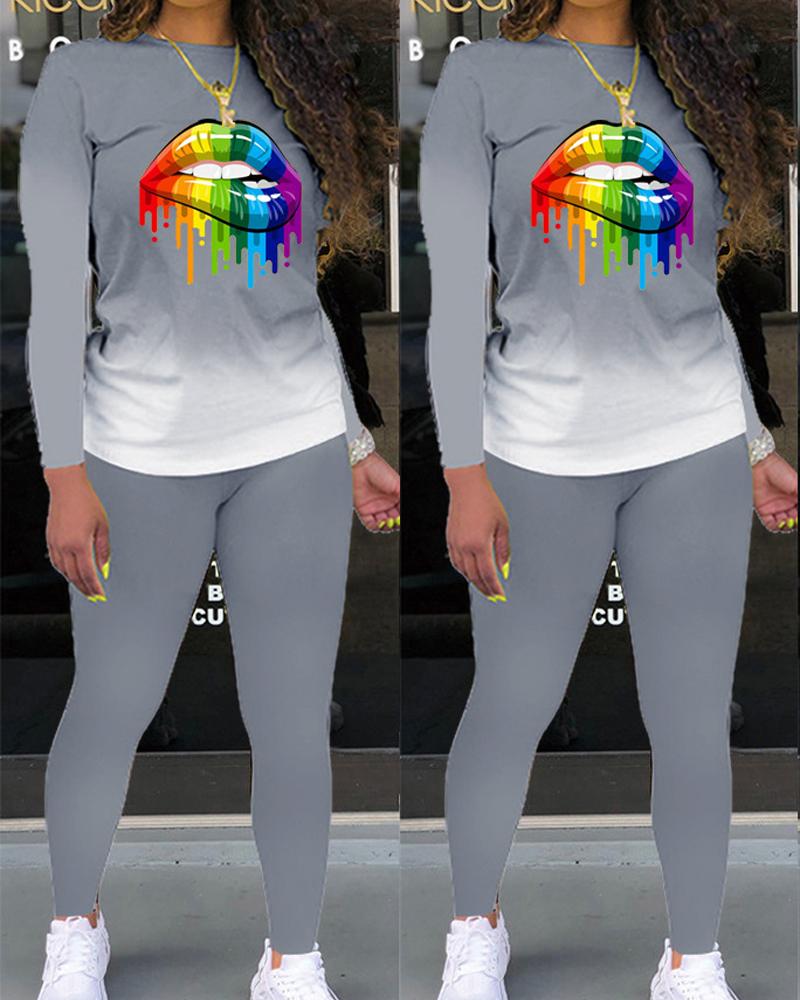 

Plus Size Lip Print Ombre Long Sleeve Top & Pants Set, Gray