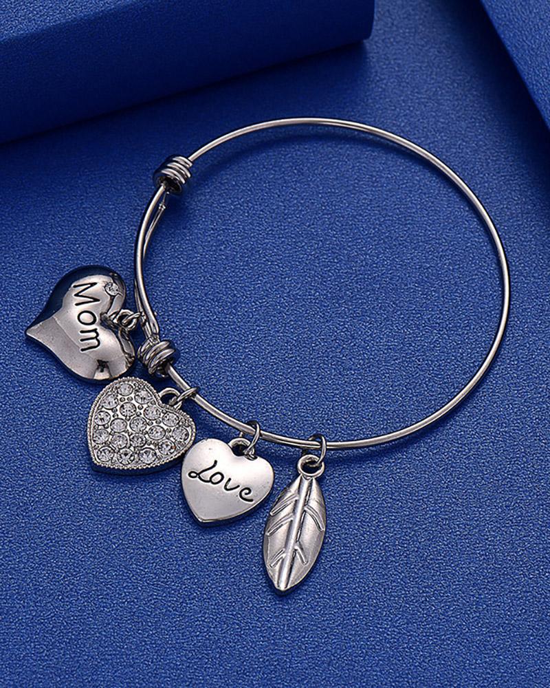 

Mother's Day Rhinestone Leaf Heart Letter Pendant Bracelet, Silver