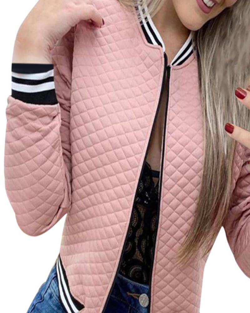 

Quilted Long Sleeve Zipper Design Baseball Jacket, Pink