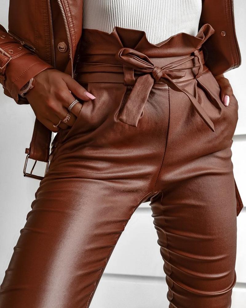 

PU Leather Pocket Design High Waist Pants With Belt, Brown