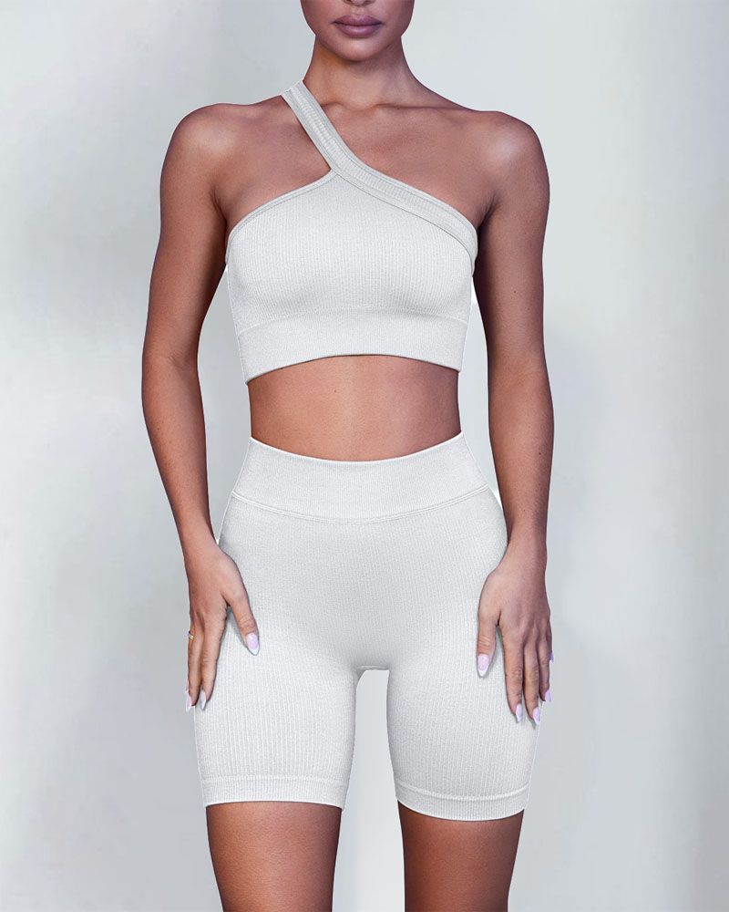 

One Shoulder High Waist Butt Lifting Yoga Active Set, White