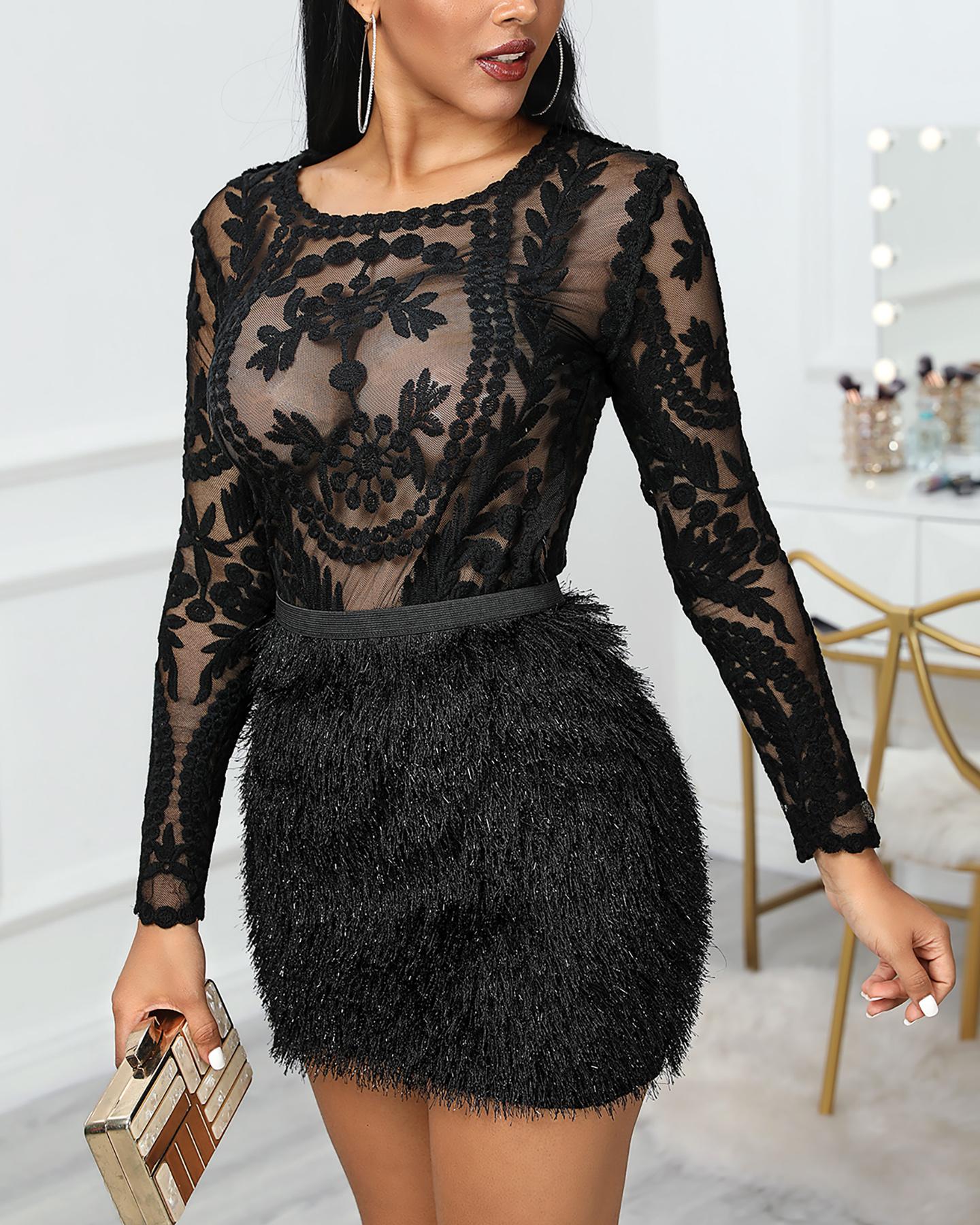 

See Through Lace Top With Faux Fur Skirt Set, Black