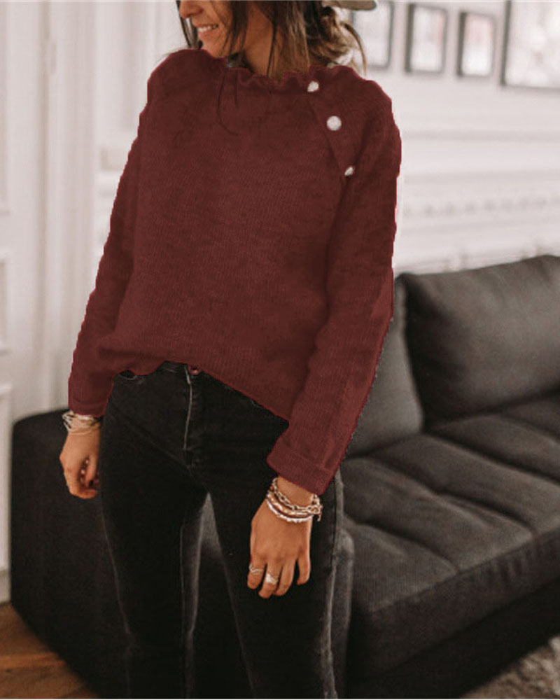 

Long Sleeve Button Decor Ruffle Collar Sweater, Coffee