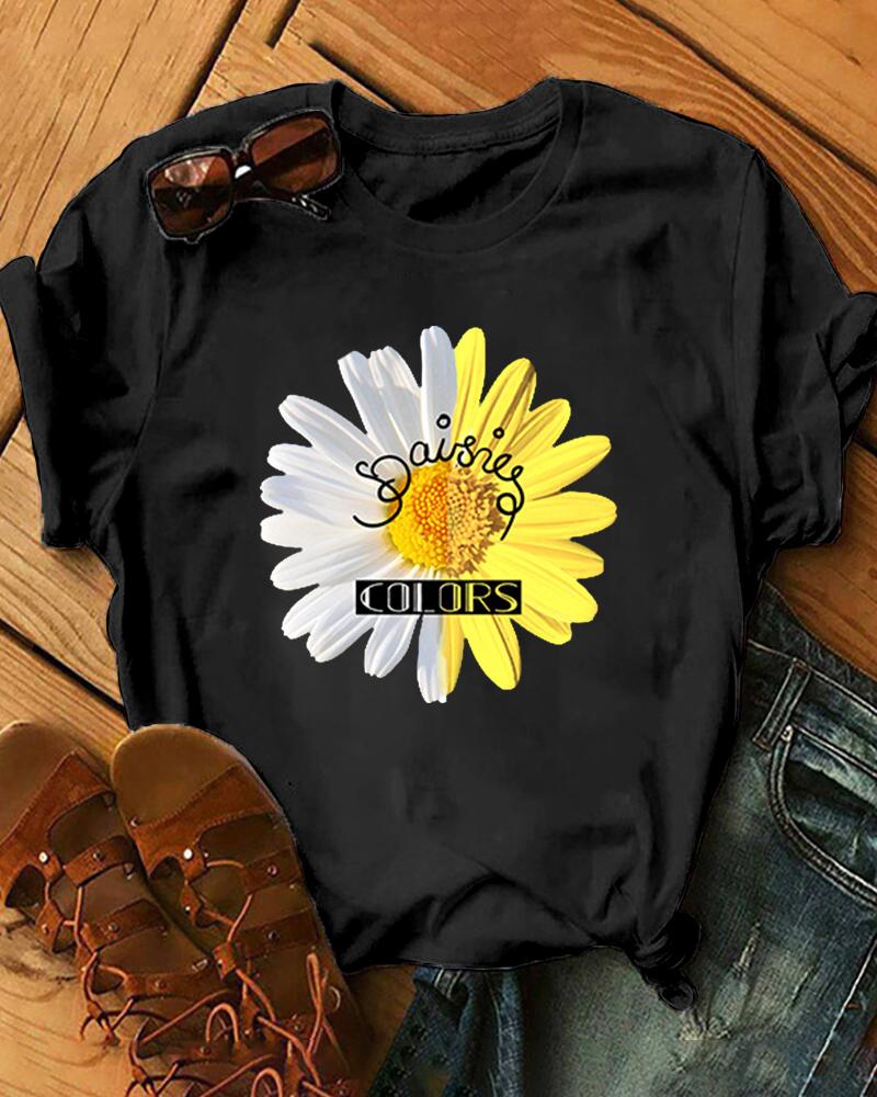 

Daisy Print Short Sleeve Loose T-shirts, Black
