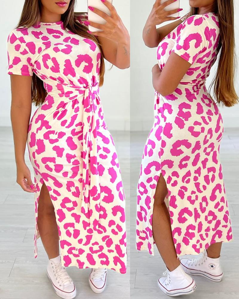 

Leopard Print Knotted Slit Casual Dress, Rose red