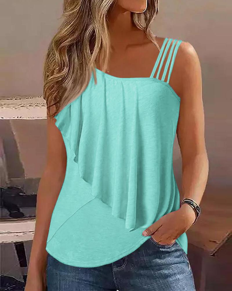 

Asymmetrical Neck Ruched Wrap Tank Top, Turquoise blue