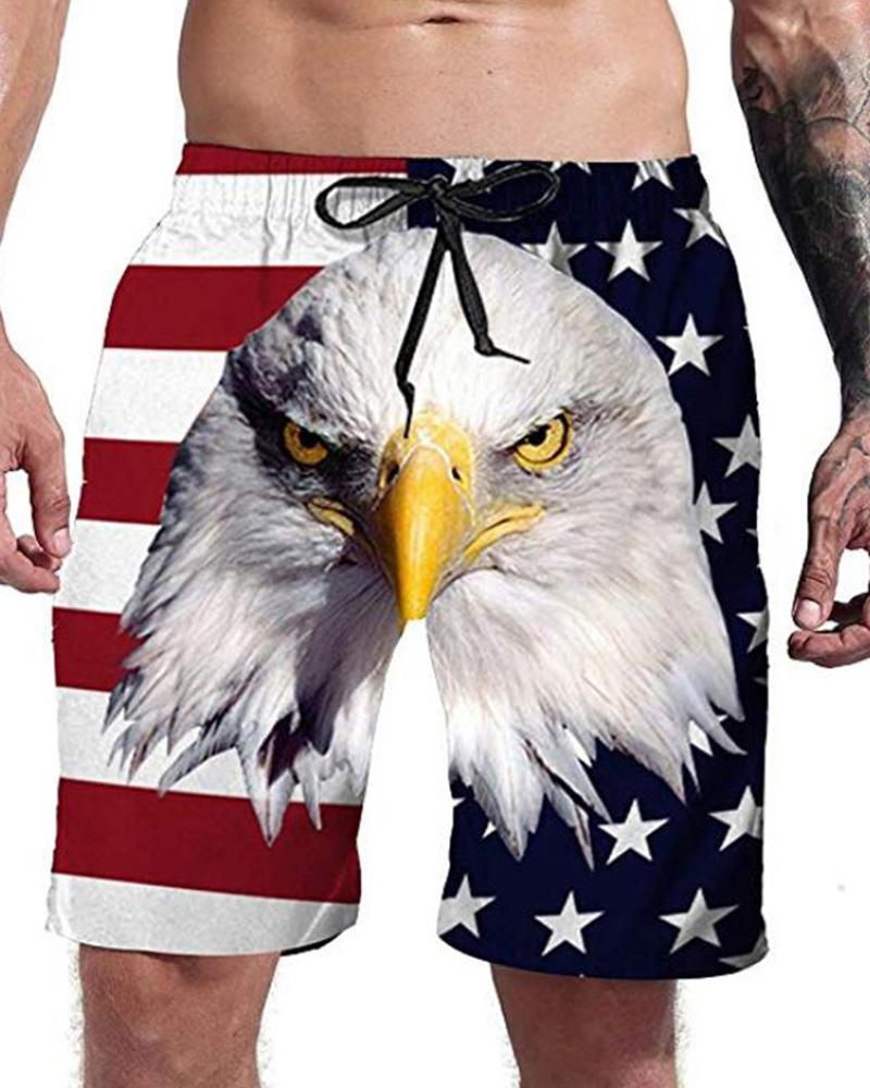 

National Flag Eagle Print Drawstring Short Pants, Multicolor
