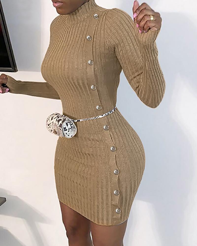 

Button Design Knit Long Sleeve Dress, Khaki