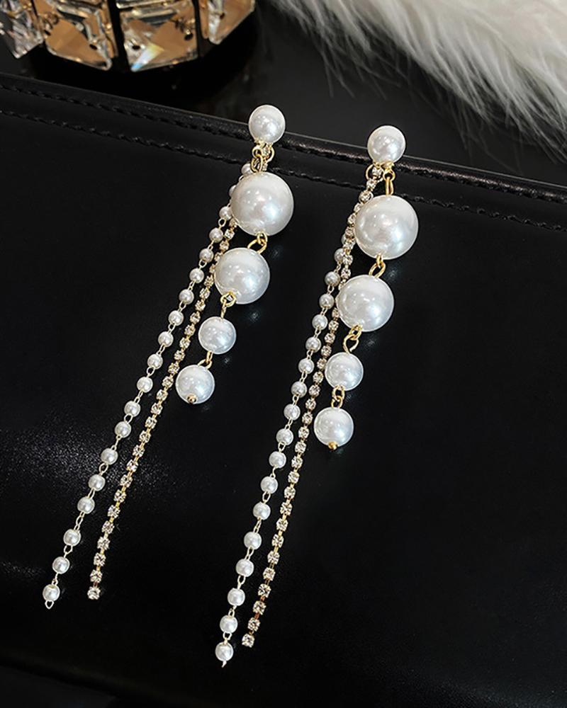 

1Pair Faux Pearl Studded Tassel Design Earrings, Style1