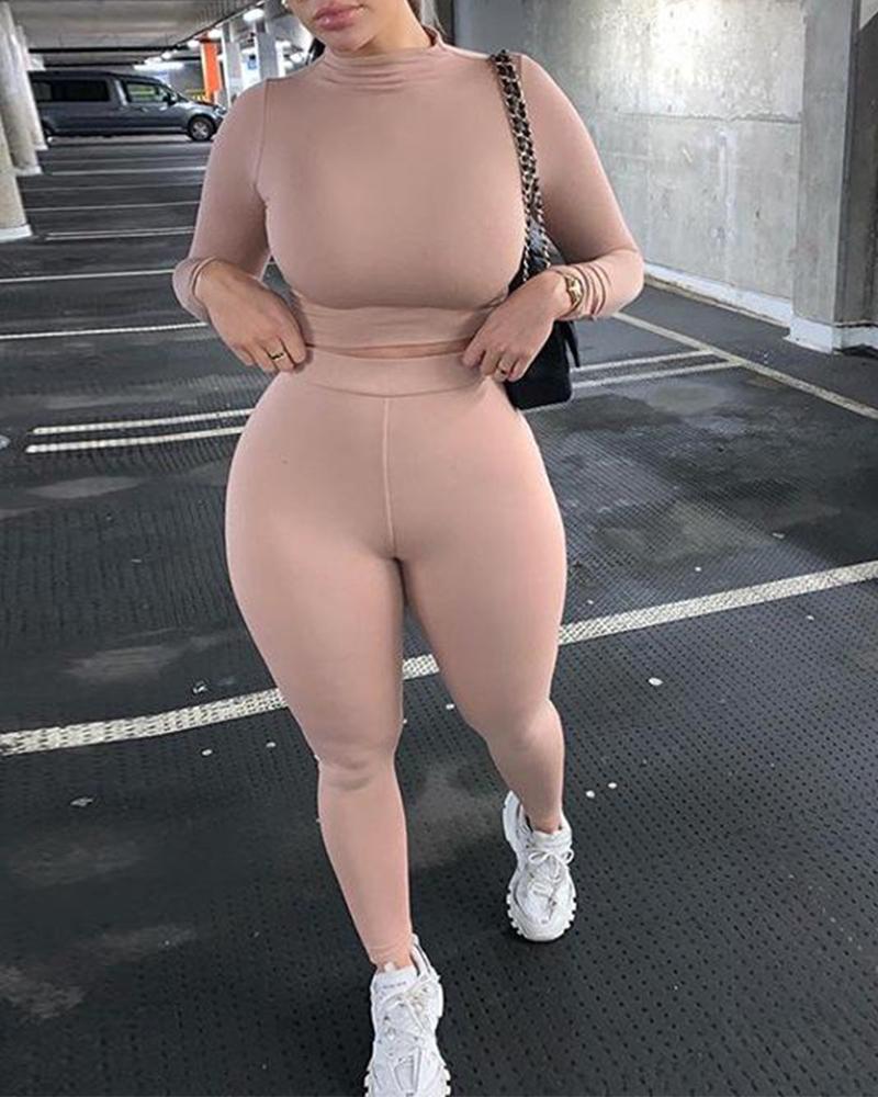 

Skinny Long Sleeve Top & Grey Leggings Sports Set, Khaki