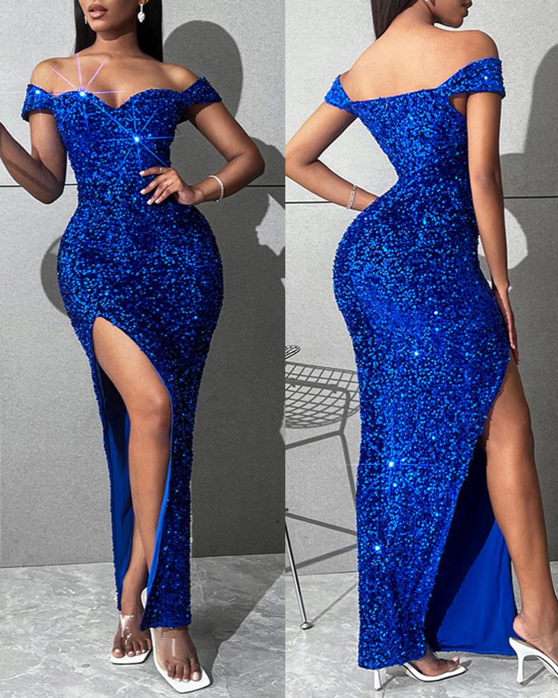 

Allover Sequin Off Shoulder High Slit Party Dress, Blue
