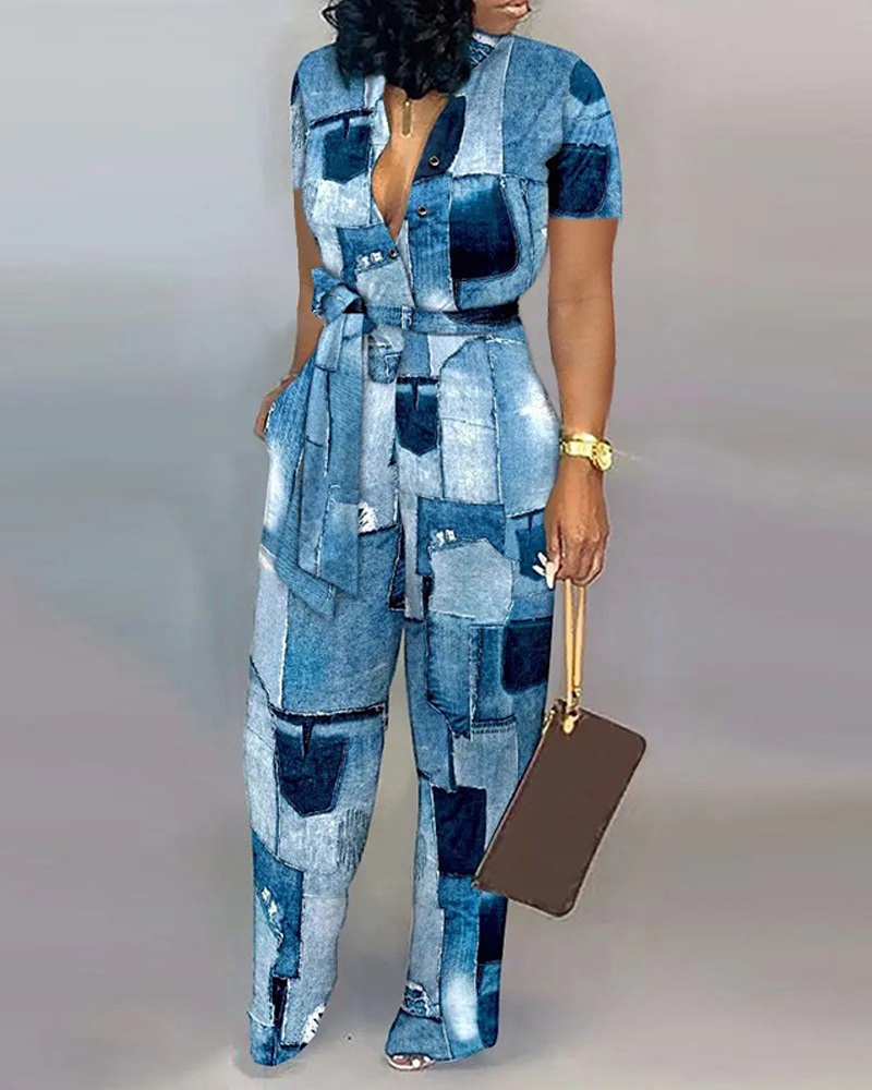 

Denim Look Print Tied Detail Wide Leg Jumpsuit, Blue