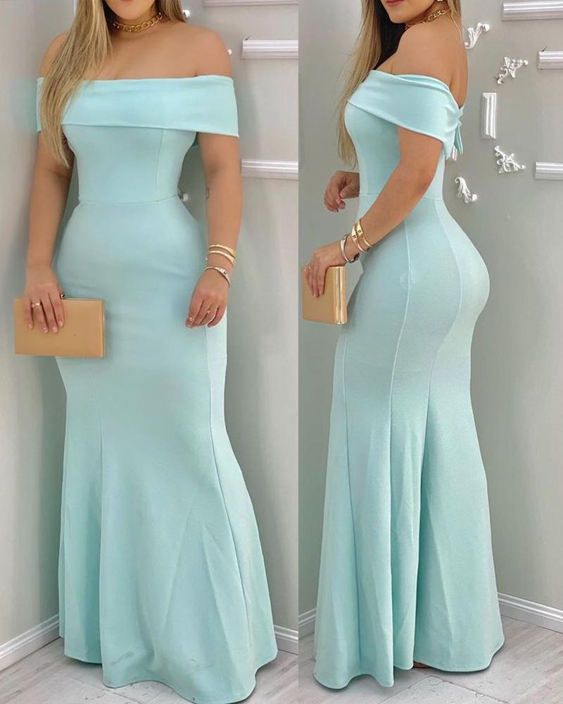 

Plain Off Shoulder Ruffle Hem Maxi Dress, Blue