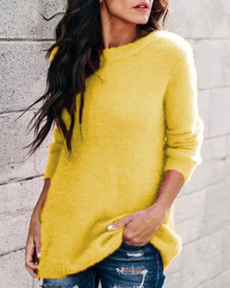 

Long Sleeve Round Neck Sweater, Yellow