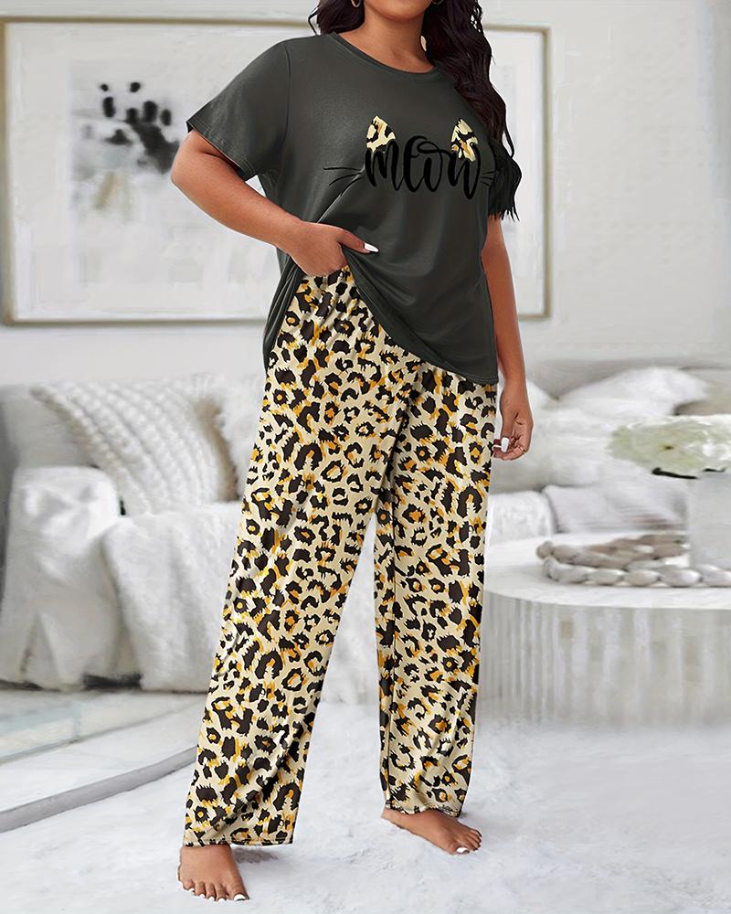 

Plus Size Letter Leopard Print Wide Leg Pajamas Set, Gray