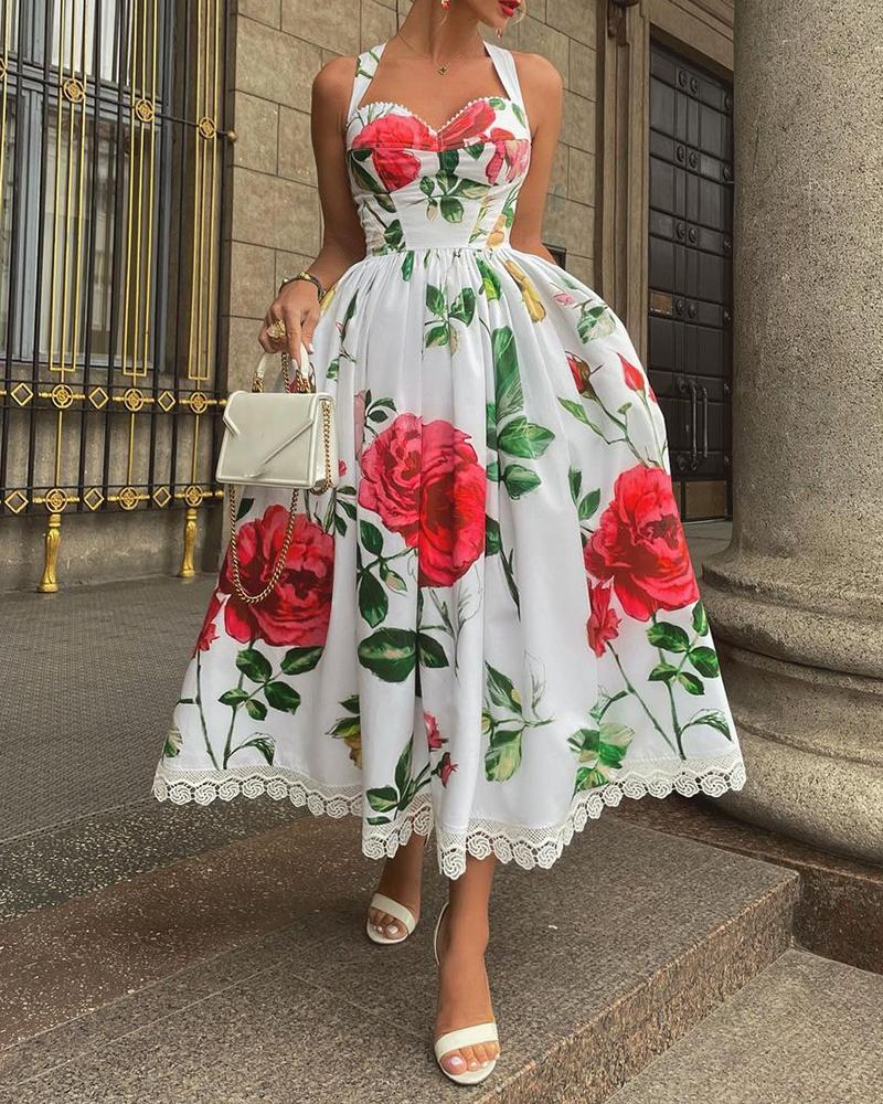 

Floral Print Halter Lace Trim Party Dress, White
