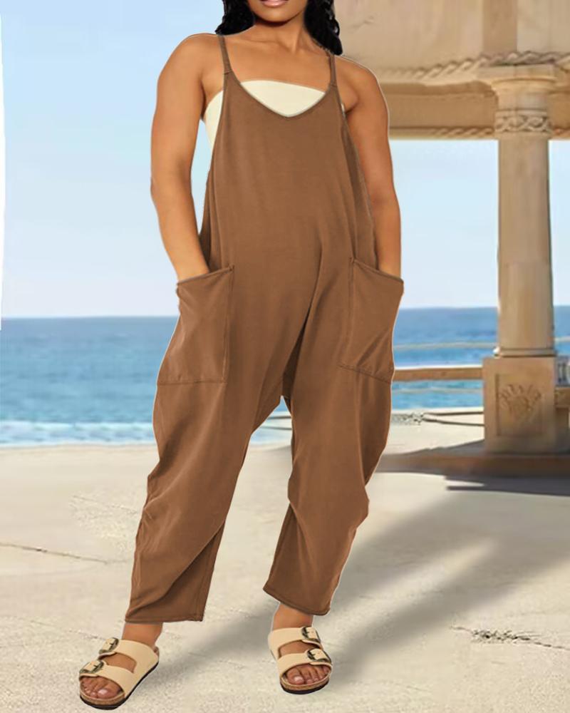 

Plus Size Spaghetti Strap Pocket Design Casual Jumpsuit, Khaki