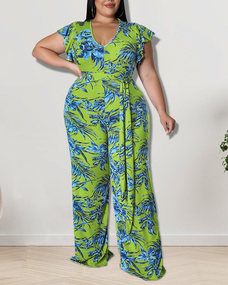 

Plus Size Tropical Print Flutter Sleeve Belted Jumpsuit, Green