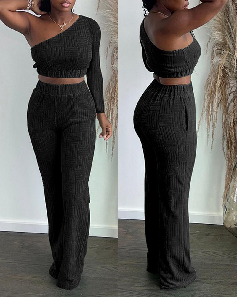 

One Shoulder Crop Top & Pants Set, Black