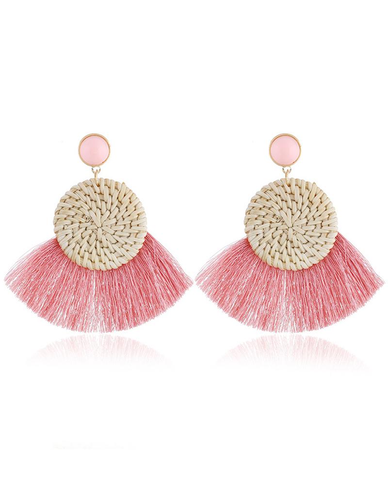 

1Pair Big Lightweight Geometric Statement Tassel Rattan Earrings, Pink