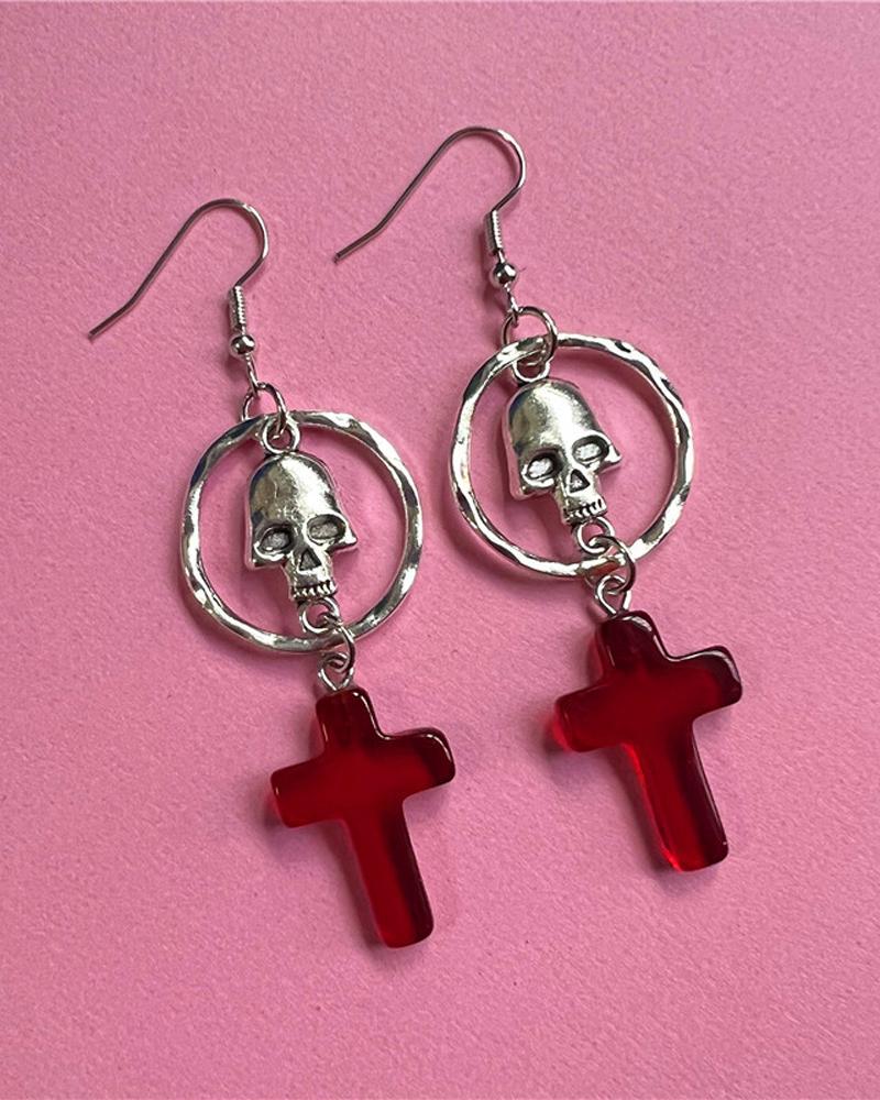 

1Pair Halloween Gothic Skull & Cross Dangle Drop Earrings, Red