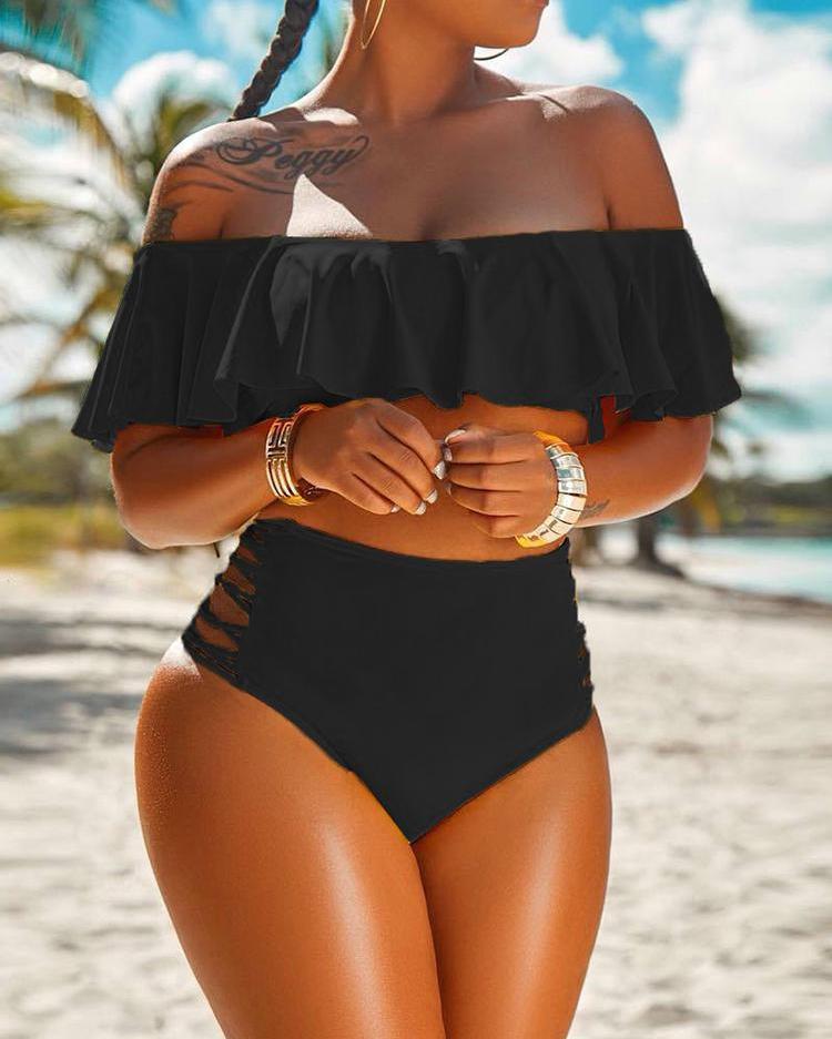 

Off Shoulder Ruffles Lace-up Cutout Bikini Set, Black