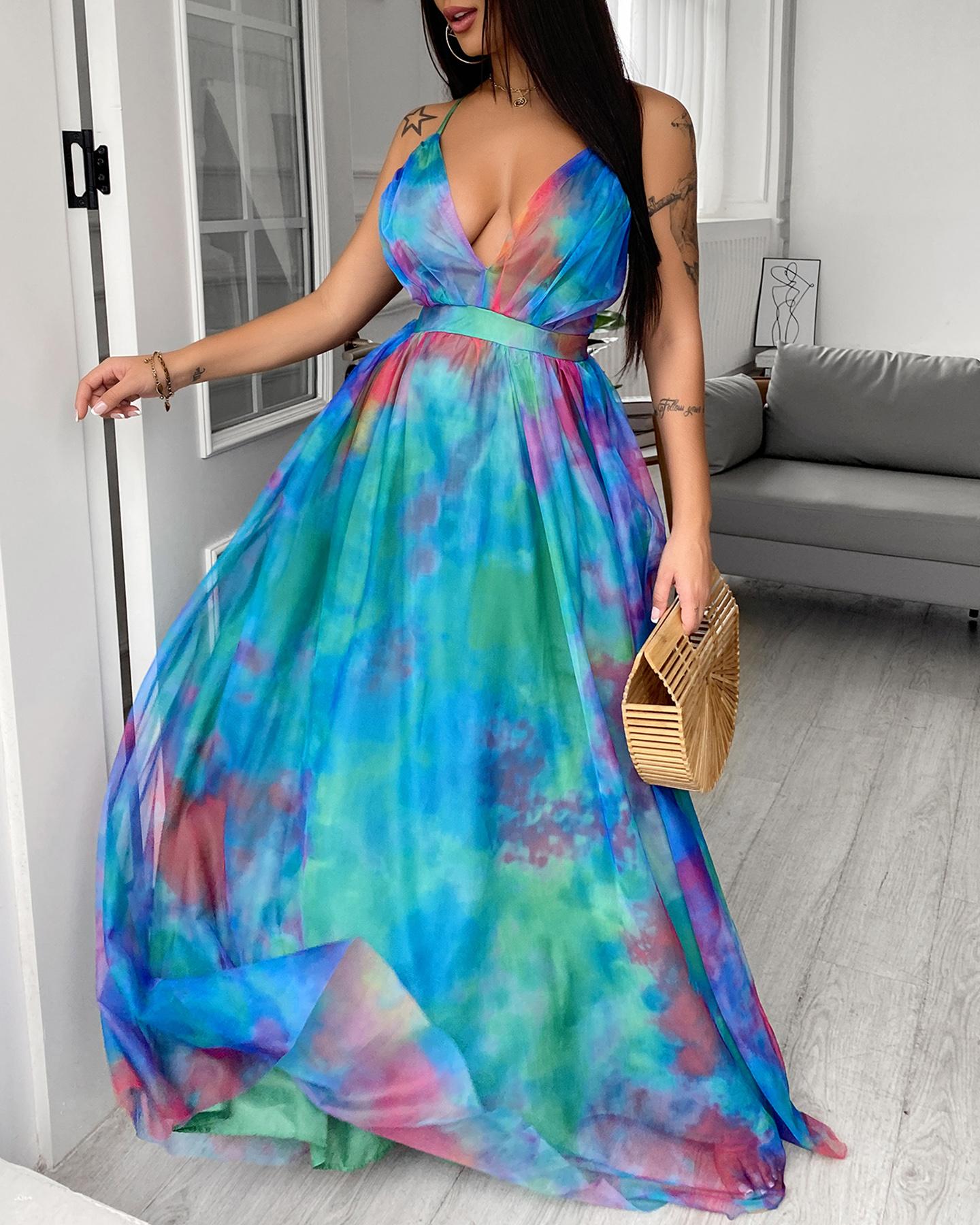 

Tie Dye Print Crisscross Backless Mesh Prom Dress, Green