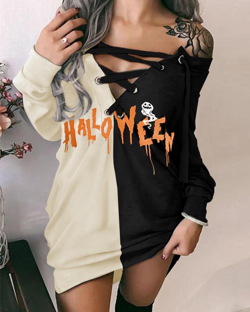 

Halloween Graphic Print Eyelet Lace-up Sweatshirt Dress, Black