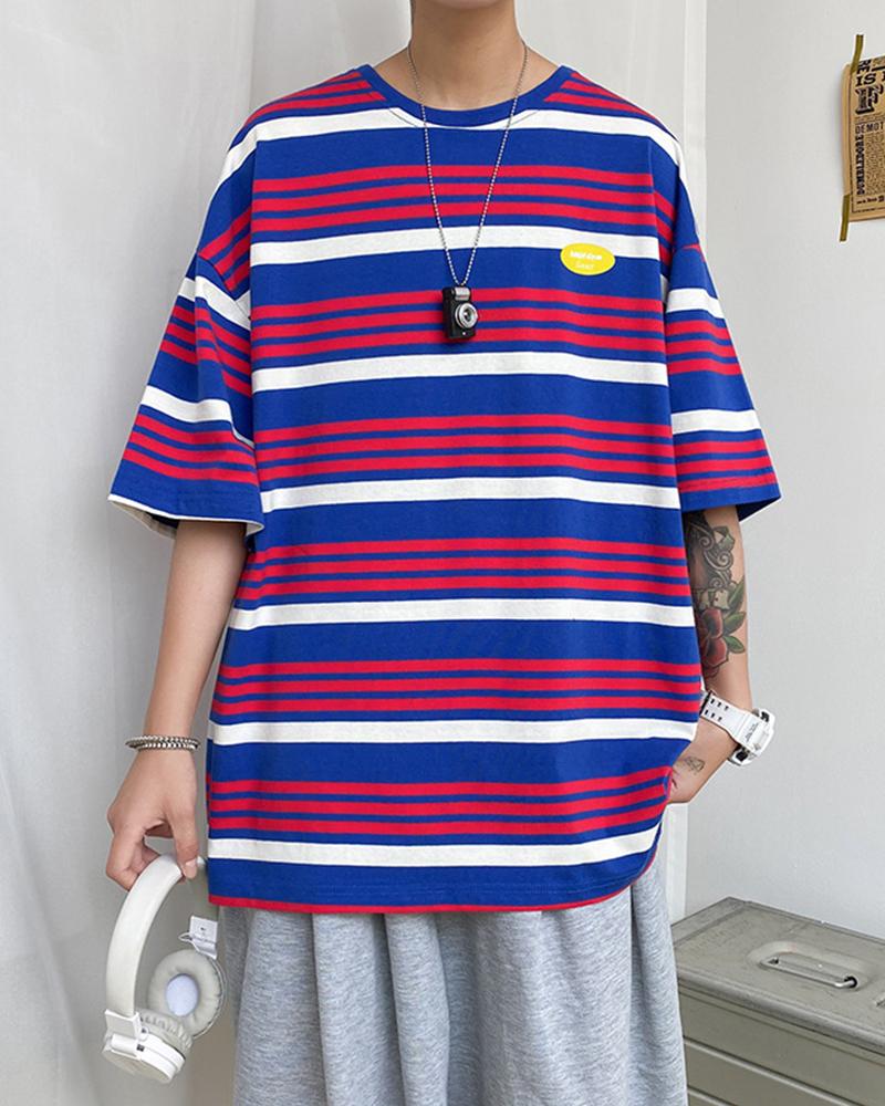 

Multicolor Striped Splicing Label Short Sleeve Short Sleeve T-shirt, Orange