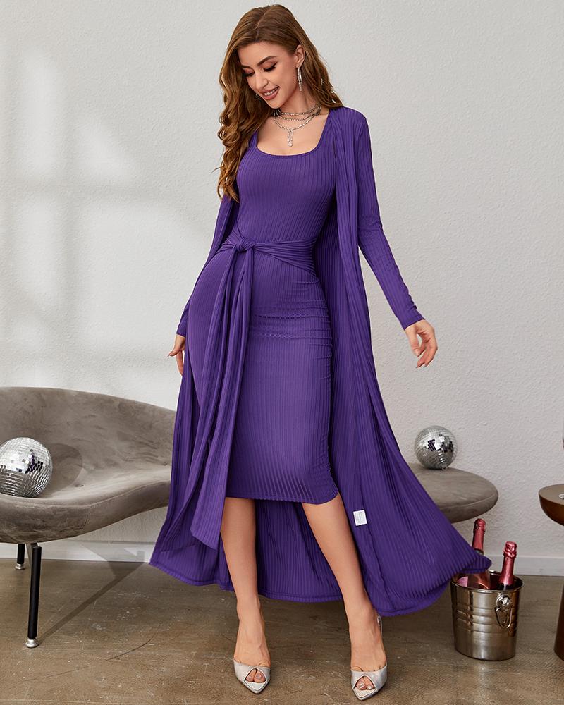 

Tied Detail Tank Dress & Longline Coat Set, Purple