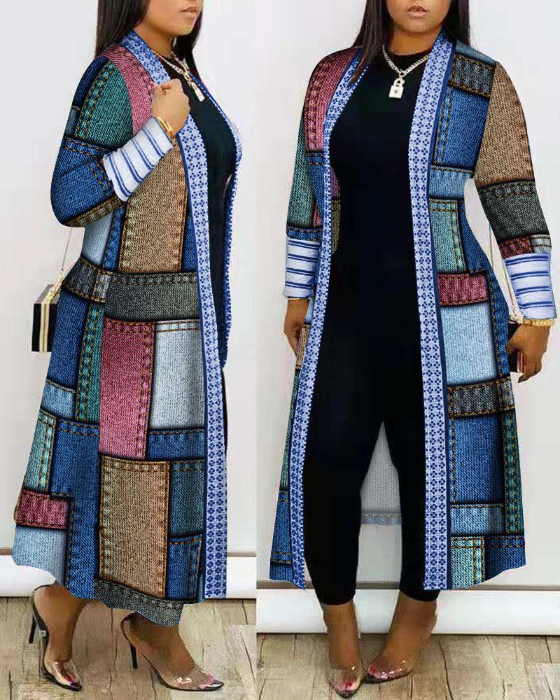 

Denim Look Print Open Front Longline Coat, Blue