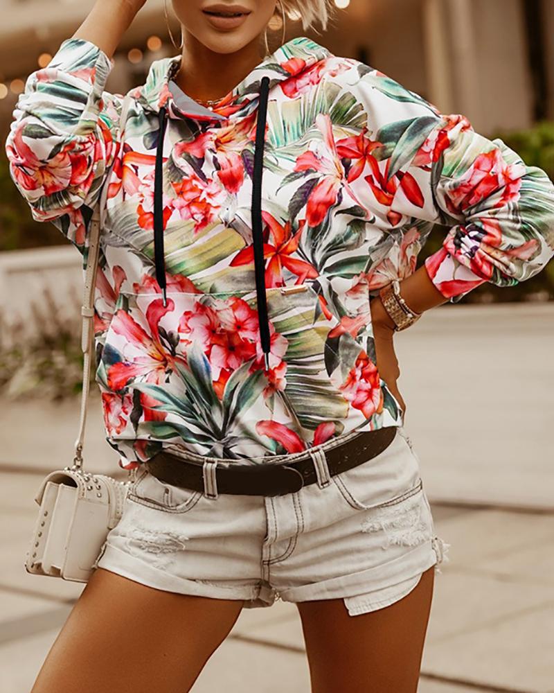

Floral Print Pocket Design Casual Hooded Sweatshirt, Red