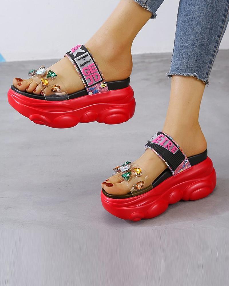

Round-toe PVC Splicing Multicolor Rhinestone Strap Platform Slippers, Red