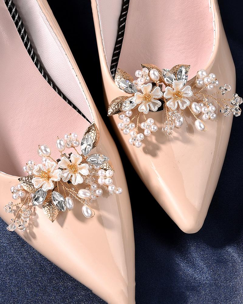 

2pcs Bribe Wedding Shoe Clips Floral Pattern Pearls Decor Shoe Charms Accessories, Gold